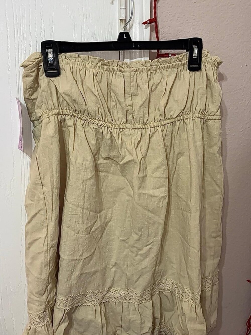beige strapless embroidered